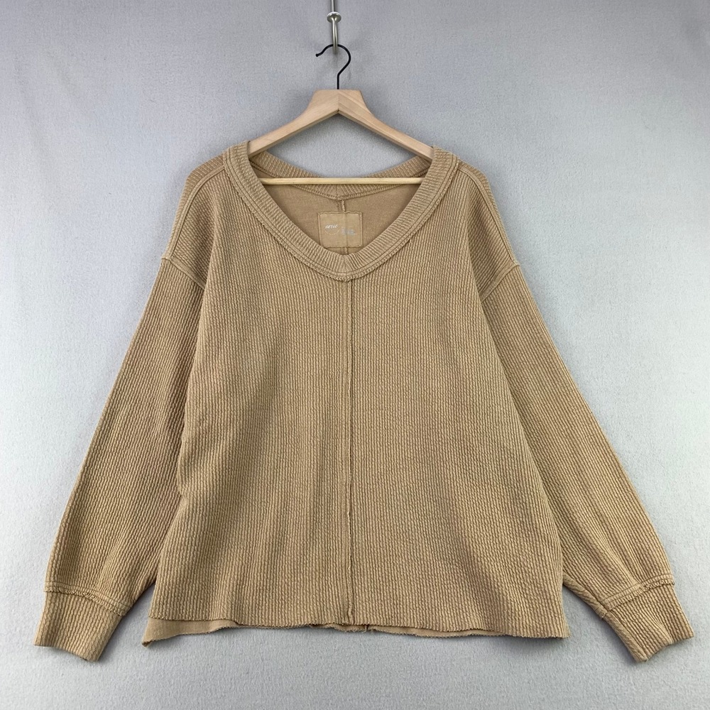Aerie Desert V-Neck Sweatshirt Womens S Tan Ribbed Oversized Lounge Pullover‎